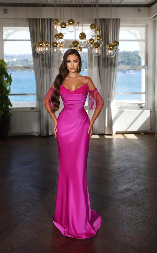 Prom Dresses Beaded Formal Long Fitted Slit Prom Dress Magenta