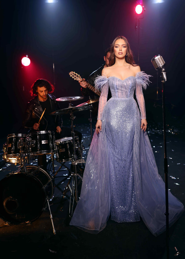 Prom Dresses Beaded Long Formal Feather Overskirt Evening Prom Dress Light Purple