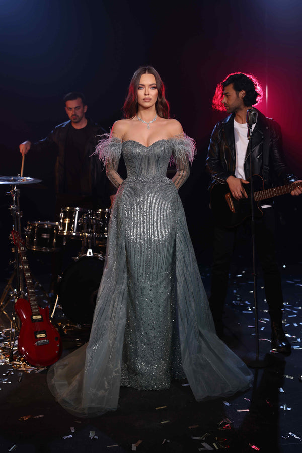 Prom Dresses Beaded Long Formal Feather Overskirt Evening Prom Dress Sage