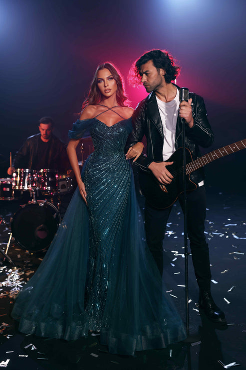 Prom Dresses Long Formal  Beaded Overskirt Prom Dress Blue