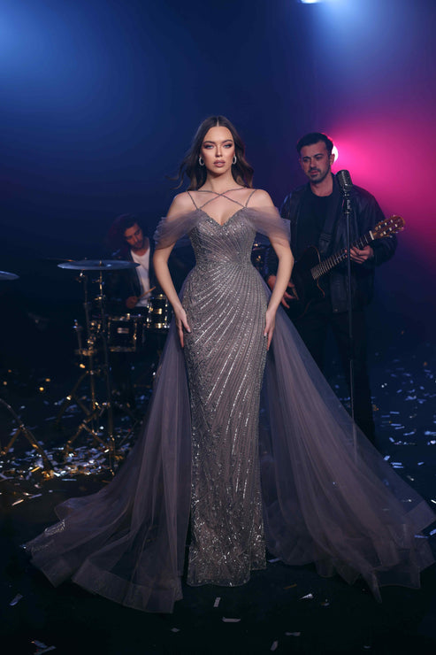 Prom Dresses Long Formal  Beaded Overskirt Prom Dress Silver