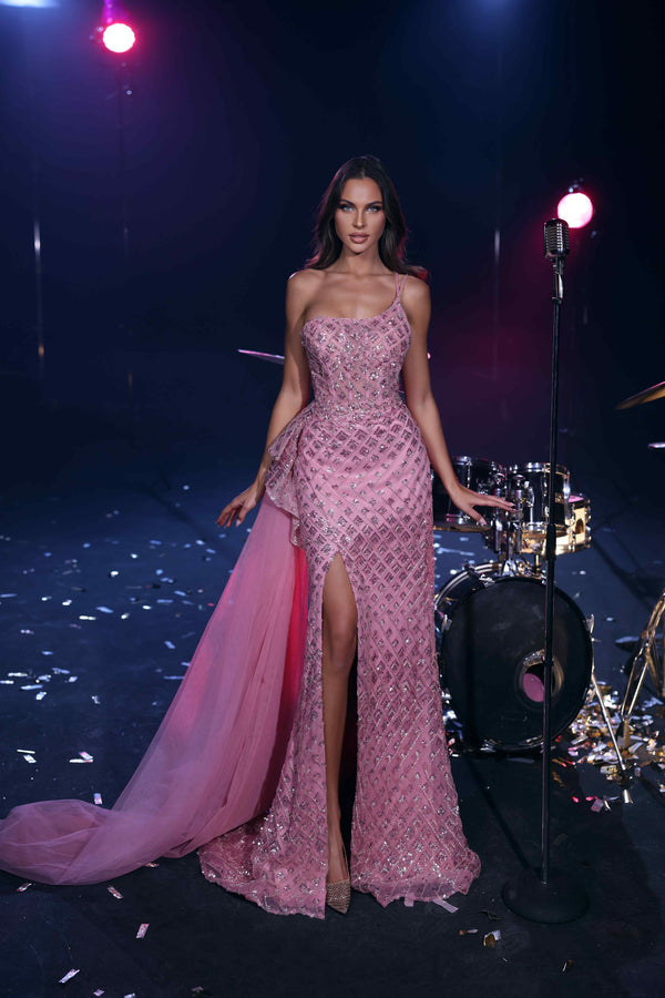 Prom Dresses Beaded Prom Fitted Corset Long Formal Slit Dress Misty Rose