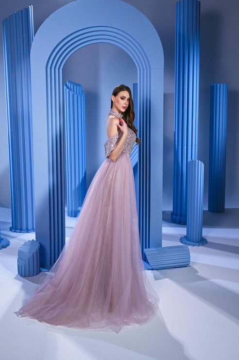 Prom DressesLong Formal Beaded Capelet Overskirt Prom Dress Pink