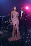 Prom Dresses Fitted Prom Long Formal Beaded Slit Dress Misty Rose