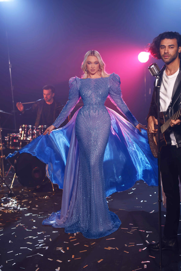 Formal Dresses Long Sleeve Formal Overskirt Evening Dress Blue