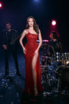 Prom Dresses Fitted Long Formal Sequin Prom Slit Beaded Dress Red