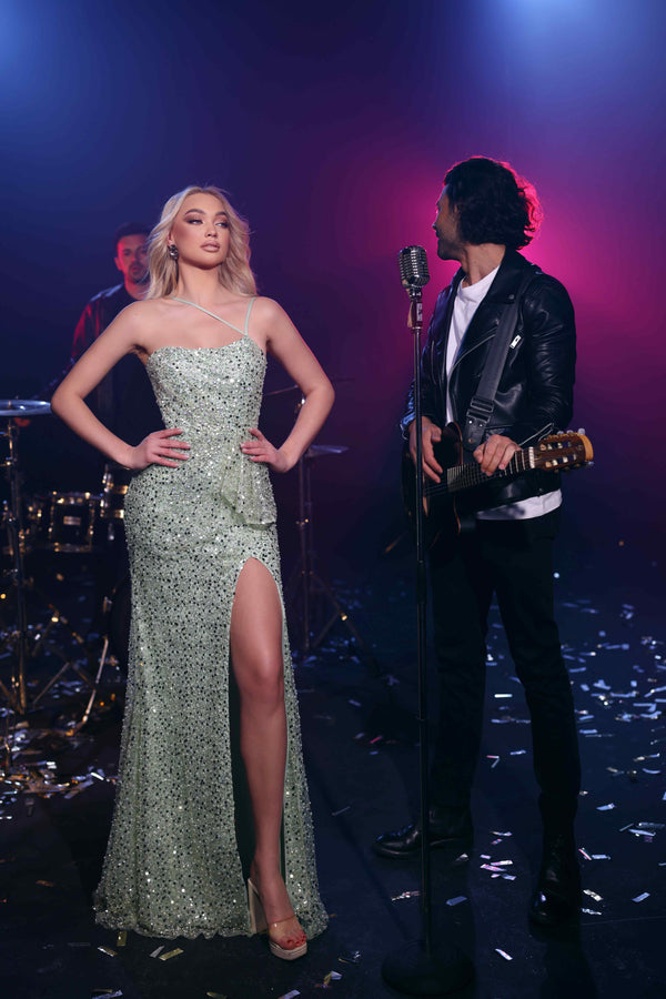 Prom Dresses Long Formal Fitted Slit Prom Sequin Dress Light Green