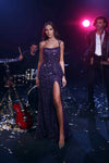 Prom Dresses Long Formal Fitted Slit Prom Sequin Dress Purple