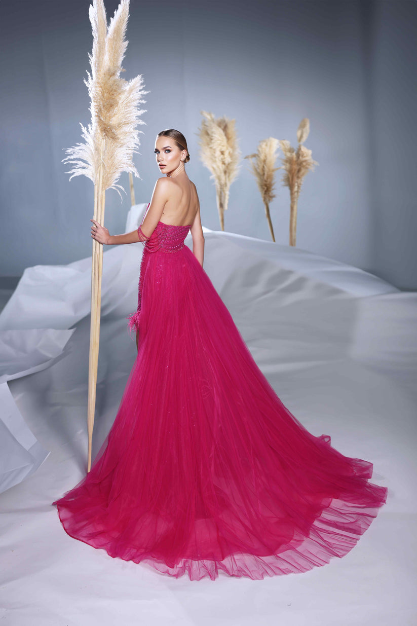 Prom Dresses Feather Long Formal Fitted Overskirt Prom Dress Fuchsia