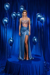 Prom Dresses Prom Long Beaded Corset Formal Slit Dress Blue/Salmon