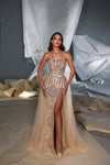 Prom Dresses Beaded Slit Formal Long Overskirt Prom Dress Beige