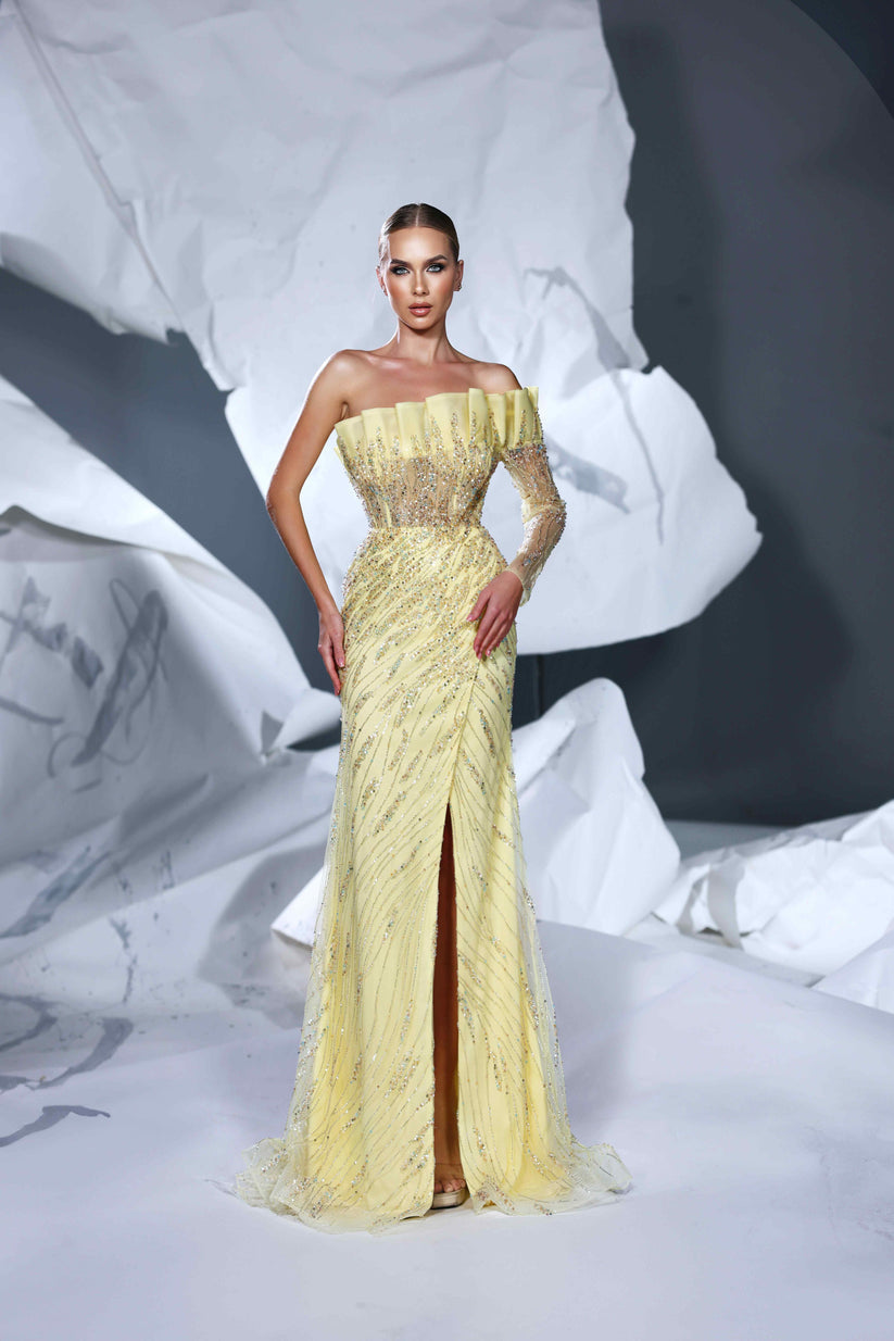 Prom Dresses Prom Pleated Slit Long Beaded Formal Dress Yellow