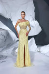 Prom Dresses Prom Pleated Slit Long Beaded Formal Dress Yellow