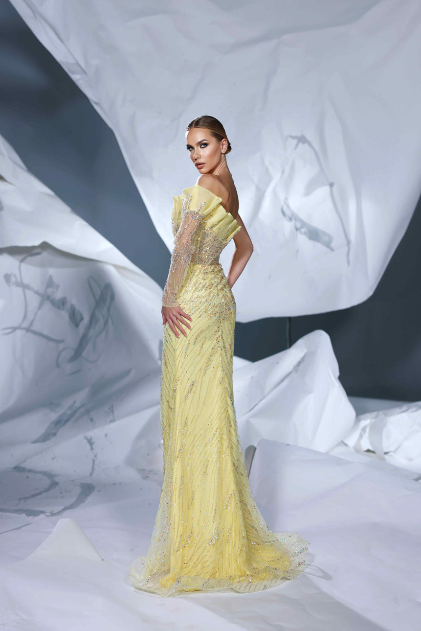 Prom Dresses Prom Pleated Slit Long Beaded Formal Dress Yellow