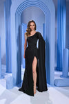 Prom Dresses Pleated Long Formal Beaded Cape Prom Evening Dress Black