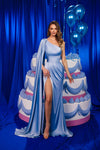 Prom Dresses Pleated Long Formal Beaded Cape Prom Evening Dress Blue