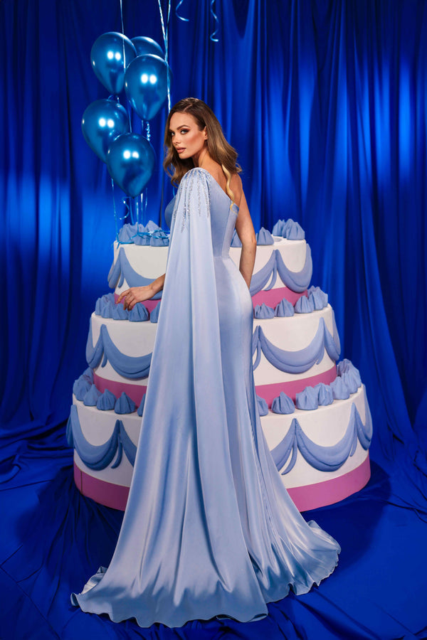 Prom Dresses Pleated Long Formal Beaded Cape Prom Evening Dress Blue