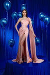 Prom Dresses Pleated Long Formal Beaded Cape Prom Evening Dress Blush