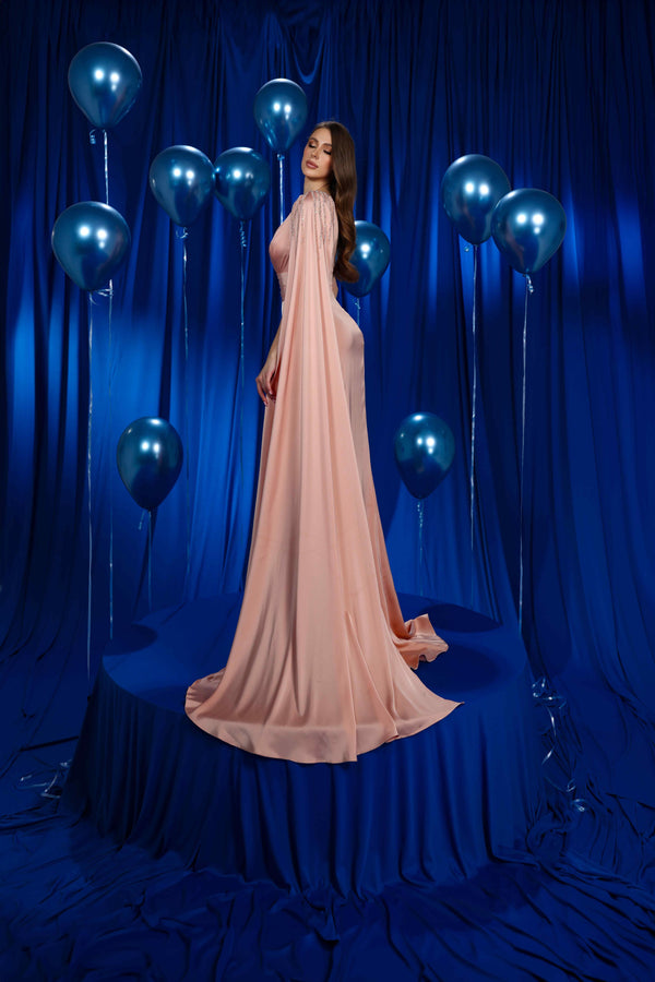 Prom Dresses Pleated Long Formal Beaded Cape Prom Evening Dress Blush