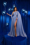 Prom DressesPletaed Long Formal Beaded Evening Prom Cape Dress Blue