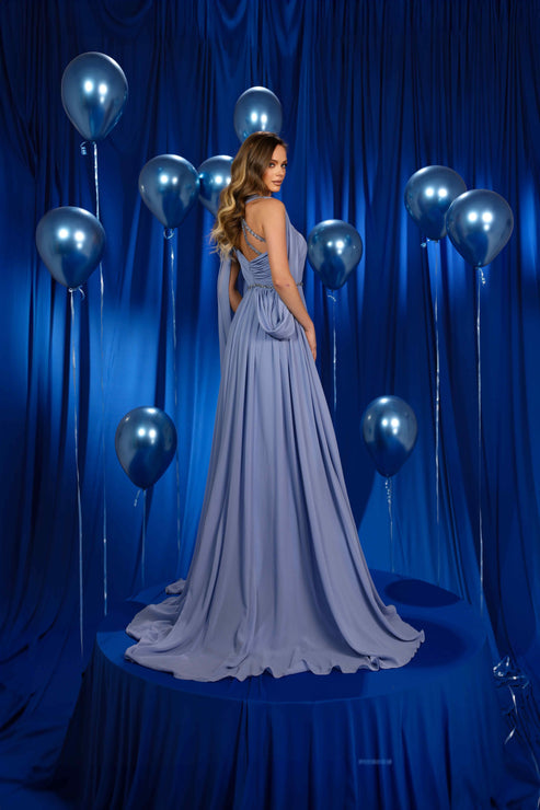 Prom DressesPletaed Long Formal Beaded Evening Prom Cape Dress Blue