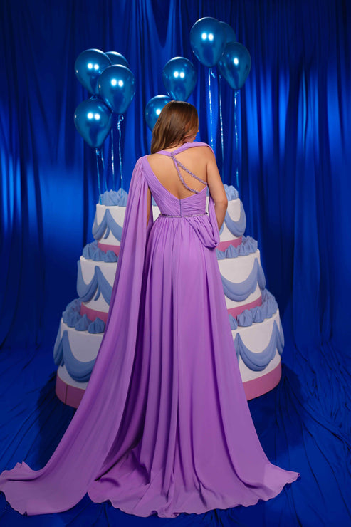 Prom DressesPletaed Long Formal Beaded Evening Prom Cape Dress Lavender