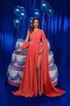 Prom DressesPletaed Long Formal Beaded Evening Prom Cape Dress Pink