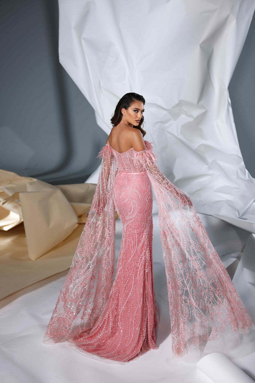 Prom Dresses  Formal Long Fitted Slit Prom Feather Cape Dress Blush