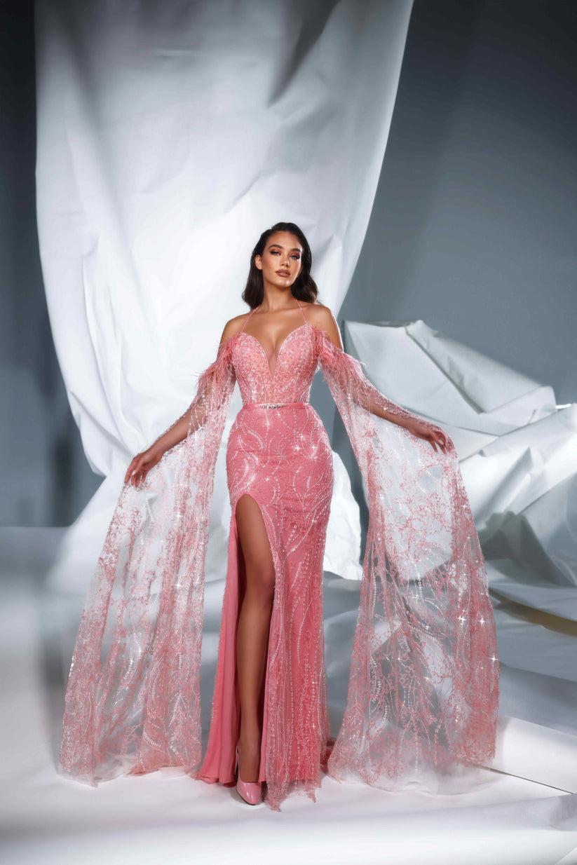 Prom Dresses  Formal Long Fitted Slit Prom Feather Cape Dress Blush