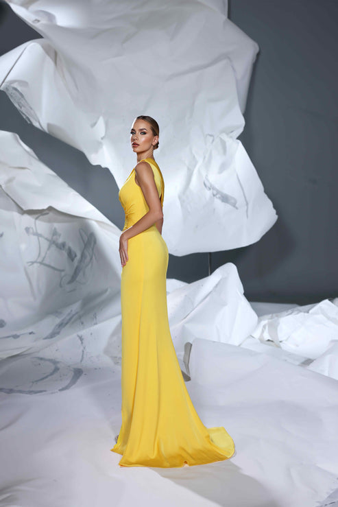 Prom Dresses Long Fitted Formal Slit Evening Prom Dress Yellow