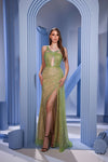 Prom Dresses Fitted Slit Long Beaded Formal Overskirt Dress Green