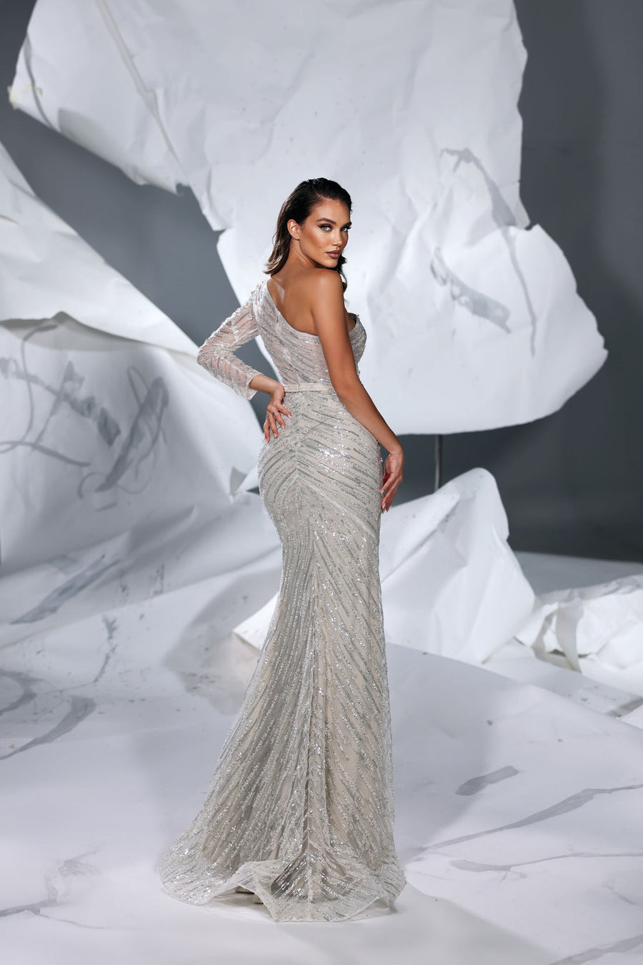 Prom Dresses Long Beaded Formal Fitted Slit Prom Dress Apricot