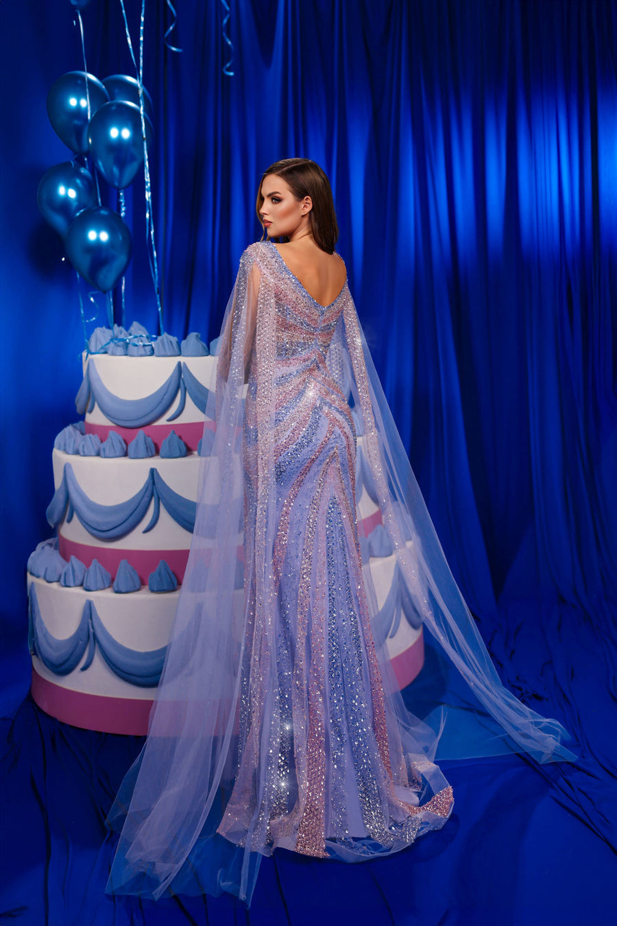 Prom Dresses Long Formal fitted Cape Sleeve Evening Prom Dress Blue