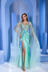 Prom Dresses Long Formal fitted Cape Sleeve Evening Prom Dress Green