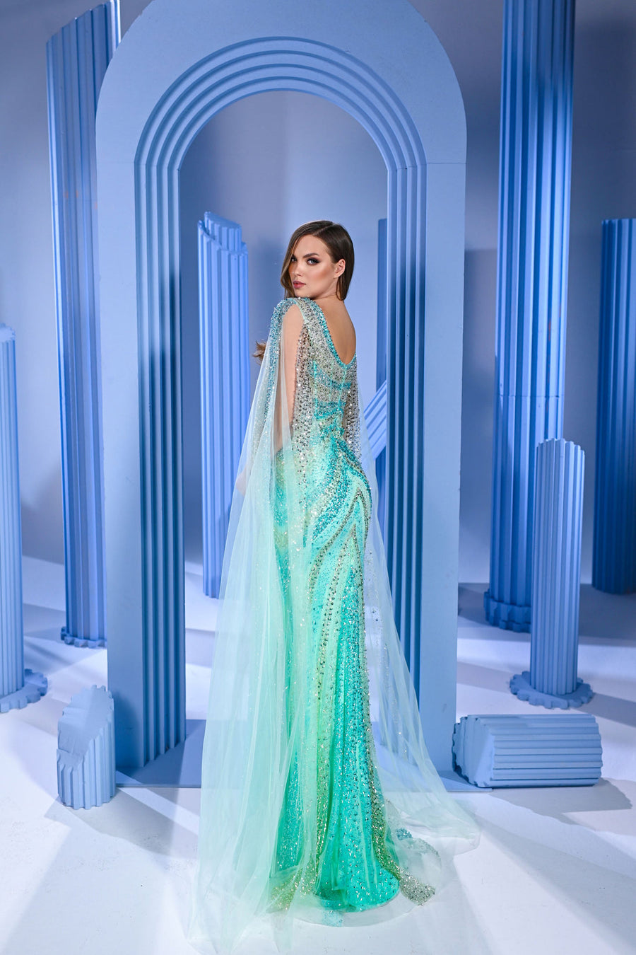 Prom Dresses Long Formal fitted Cape Sleeve Evening Prom Dress Green