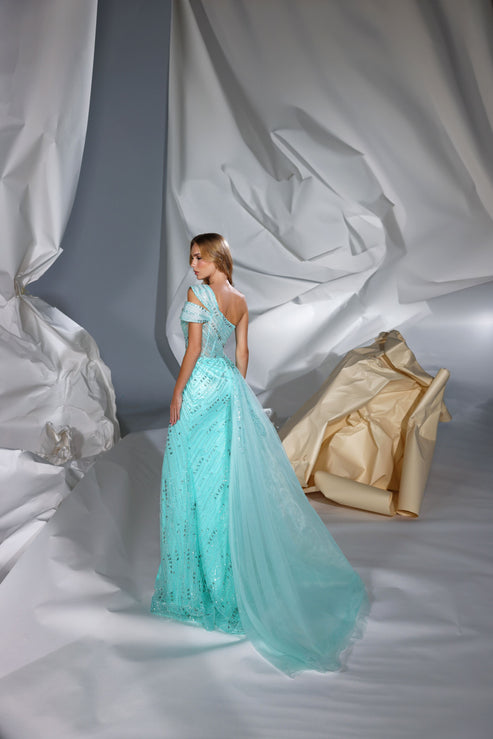 Prom Dresses Beaded Slit Long Formal Overskirt Prom Dress Light Blue