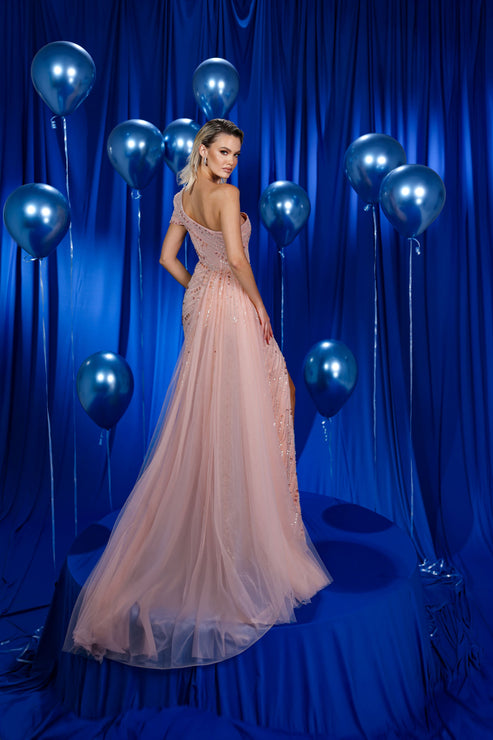 Prom Dresses Beaded Slit Long Formal Overskirt Prom Dress Pink