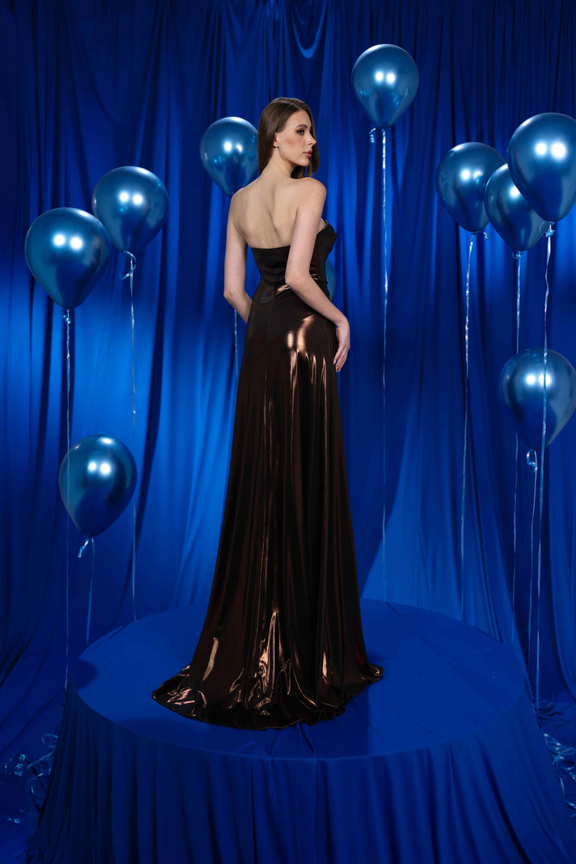 Prom Dresses Pleated Slit Long Formal Evening Prom Dress Bronze
