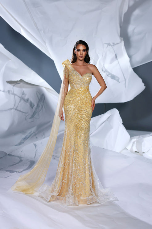 Prom Dresses Beaded Long Mermaid Formal Cape Prom Dress Gold/Yellow