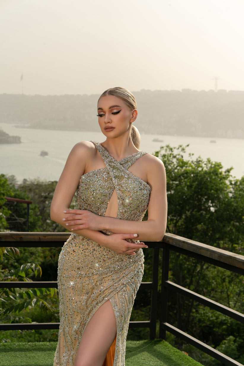 Prom Dresses Slit Formal Long Prom Dress Gold