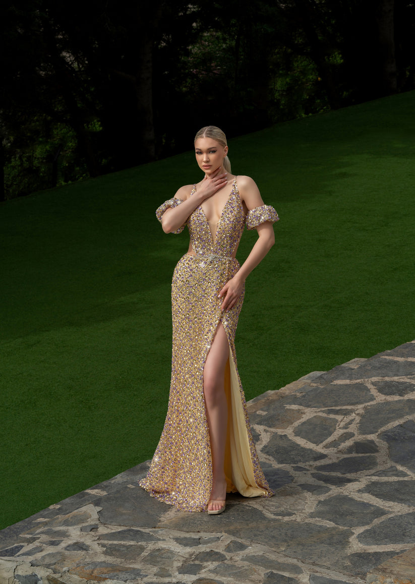 Prom Dresses Fitted High Slit Long Formal Mermaid Prom Dress Yellow