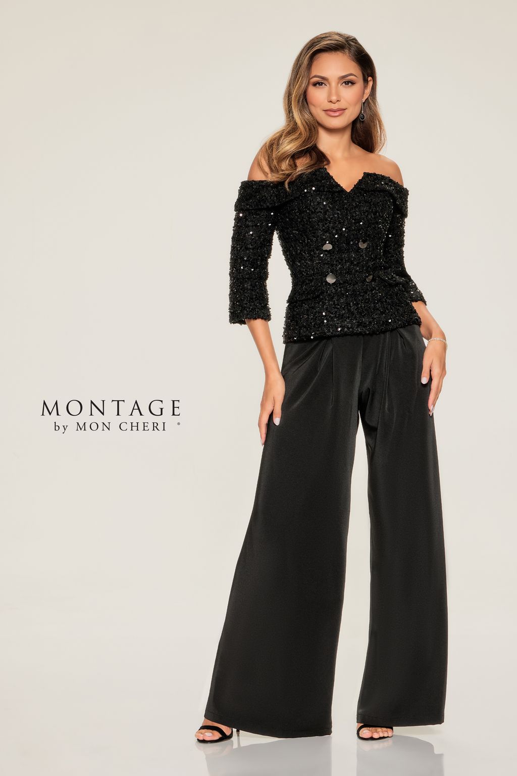 Pant Suit Long Wide Leg Sequin Mother of the Bride Formal Pant Suit Black