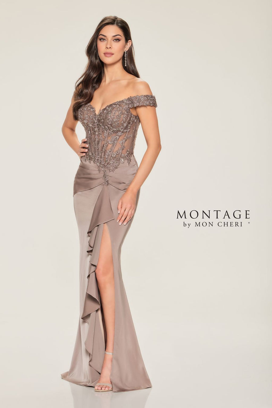 Formal Dresses Beaded Long Lace Formal Dress Taupe