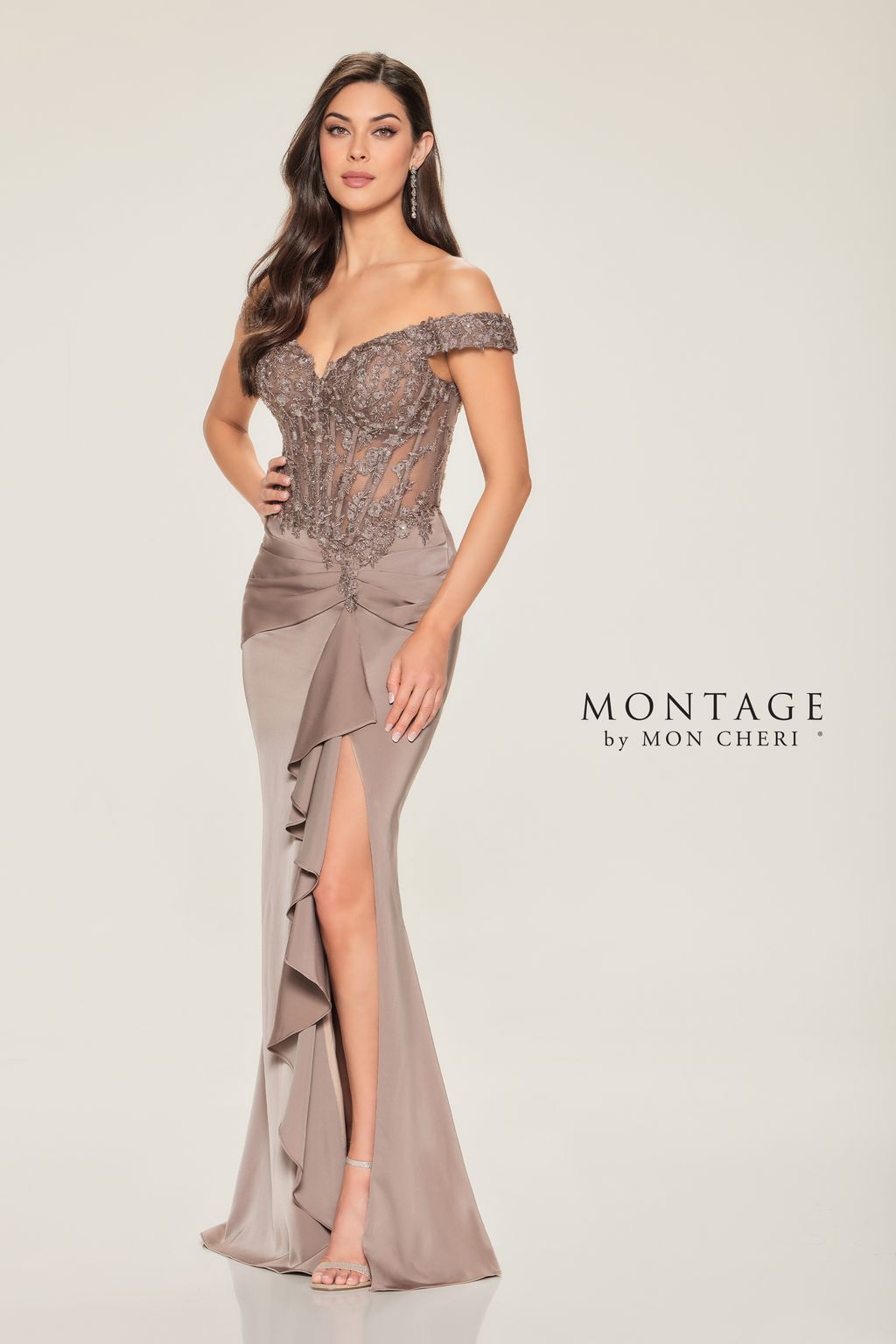 Formal Dresses Beaded Long Lace Formal Dress Taupe