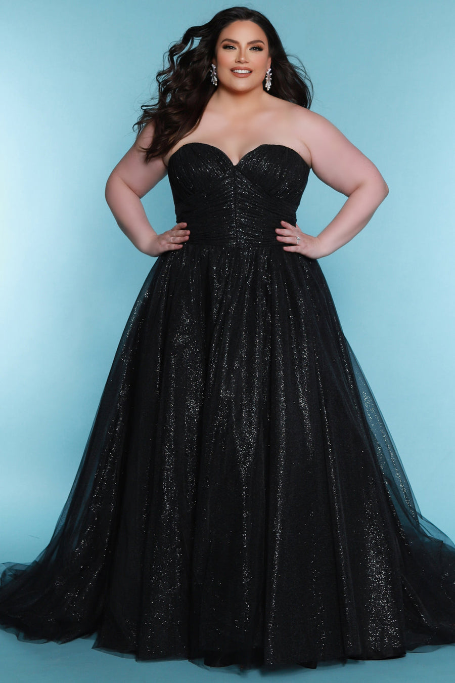 Plus Size Dresses Ball Gown Long Formal Pleated Glitter Evening Plus Size Dress Black