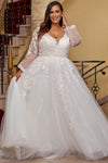 Plus Size Dresses Plus size Long Sleeve Floral Lace Wedding Dress Ivory/Ivory Mesh
