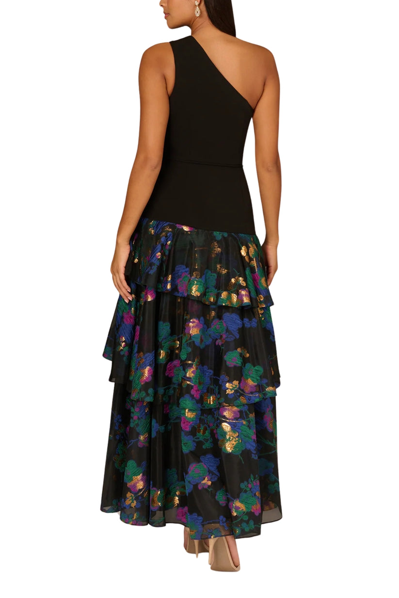 Formal Dresses Floral Print Long Formal Tiered Evening Dress Black Multi