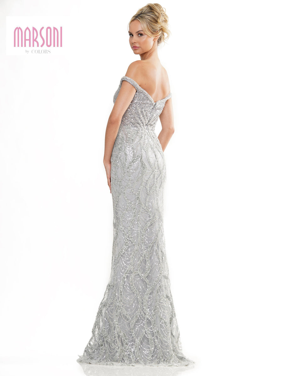 Formal Dresses Long Beaded Off Shoulder Formal Dress Silver