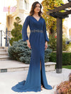Mother of the Bride Dresses Mother of the Bride Long Sleeve V Neck Chiffon Dress Peacock