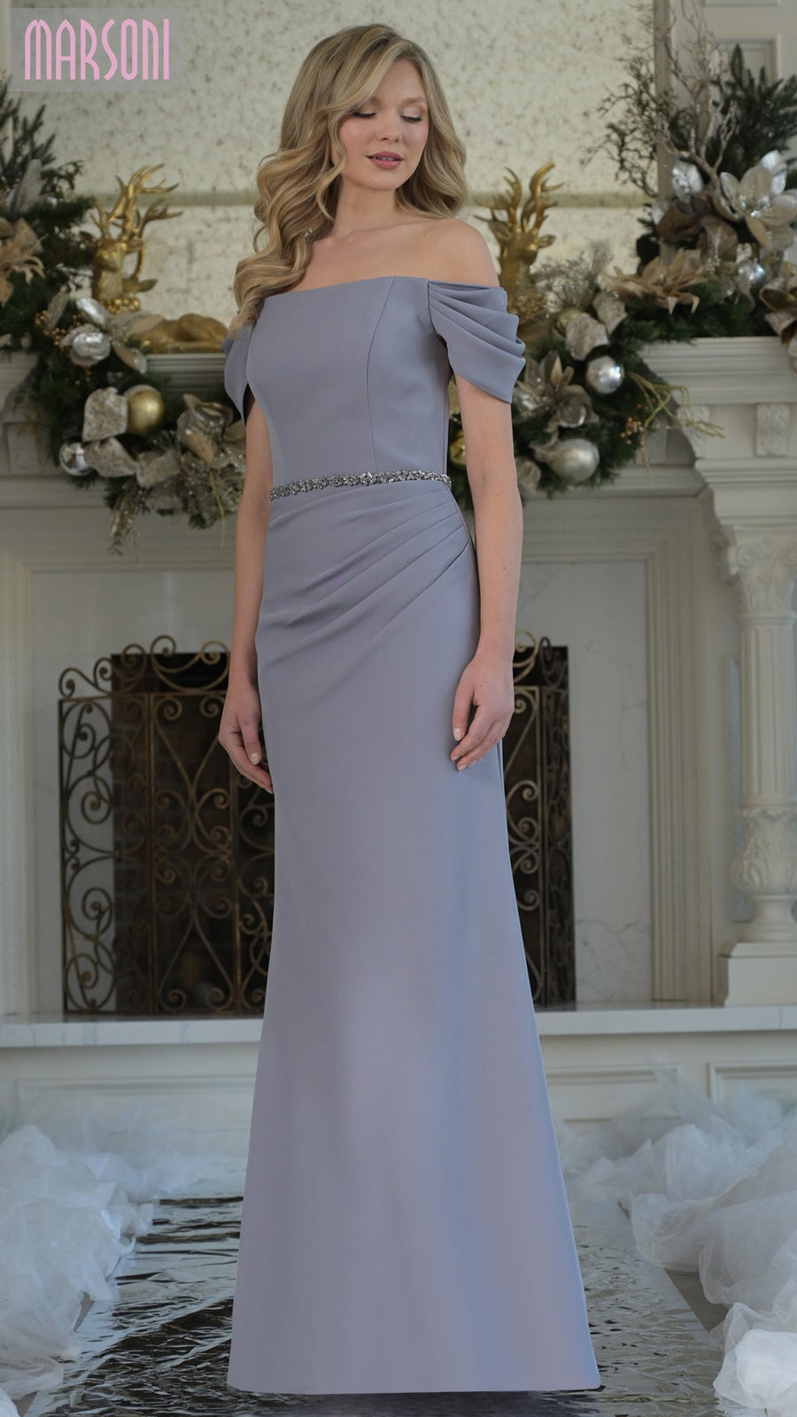 Marsoni MV1352 Fitted Long Formal Beaded Dress Gray